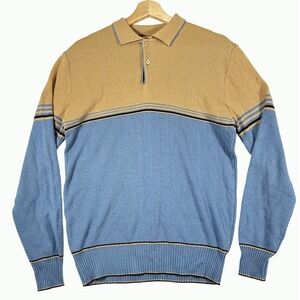 vintage mervyns Men Collection Tan Blue Pullover Sweater Medium Retro Hipster